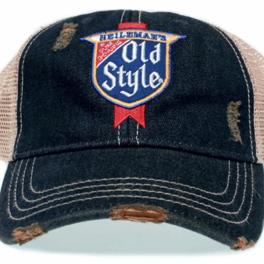 Heileman's Old Style Beer Vintage Hat Blue Denim Cap Distressed Beige Trucker